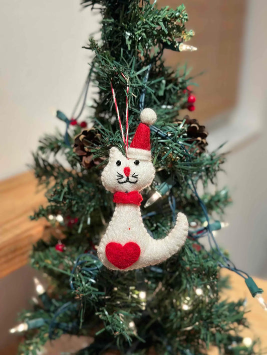 Hand-Felted Santa Heart Cat Ornament