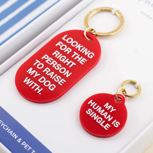 "My Human is Single" Keychain and Collar Tag Matching Set