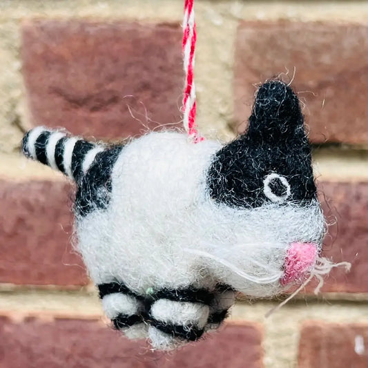 Hand-Felted Black and White Cat Ornament