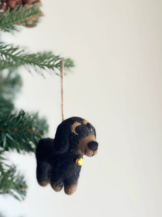 Hand-Felted Eyebrow Doxie Ornament with bell
