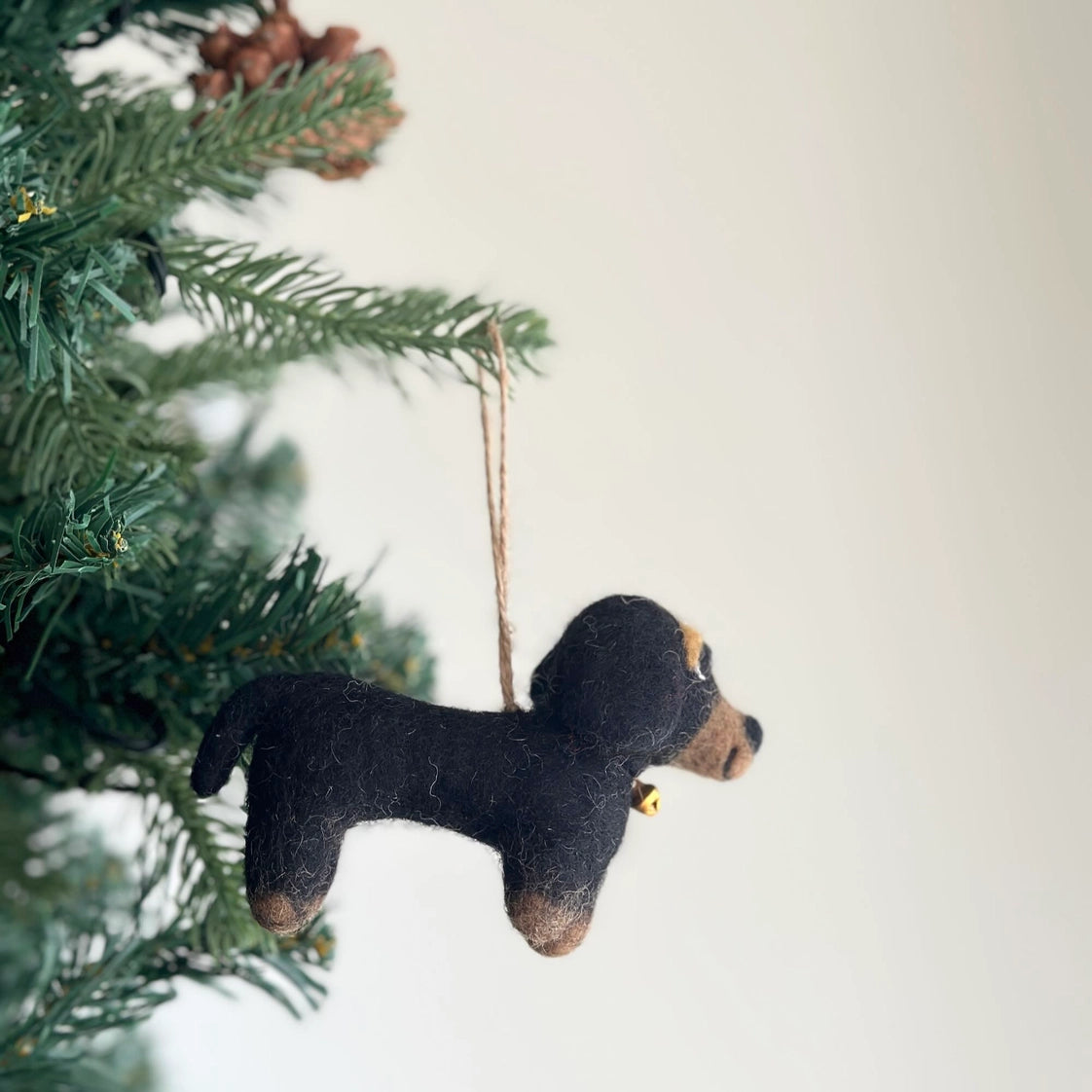 Hand-Felted Eyebrow Doxie Ornament with bell