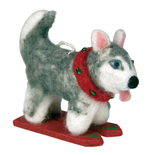 Hand-Felted Skiing Husky Ornament