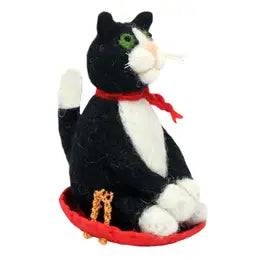 Hand-Felted Sledding Tuxedo Cat Ornament